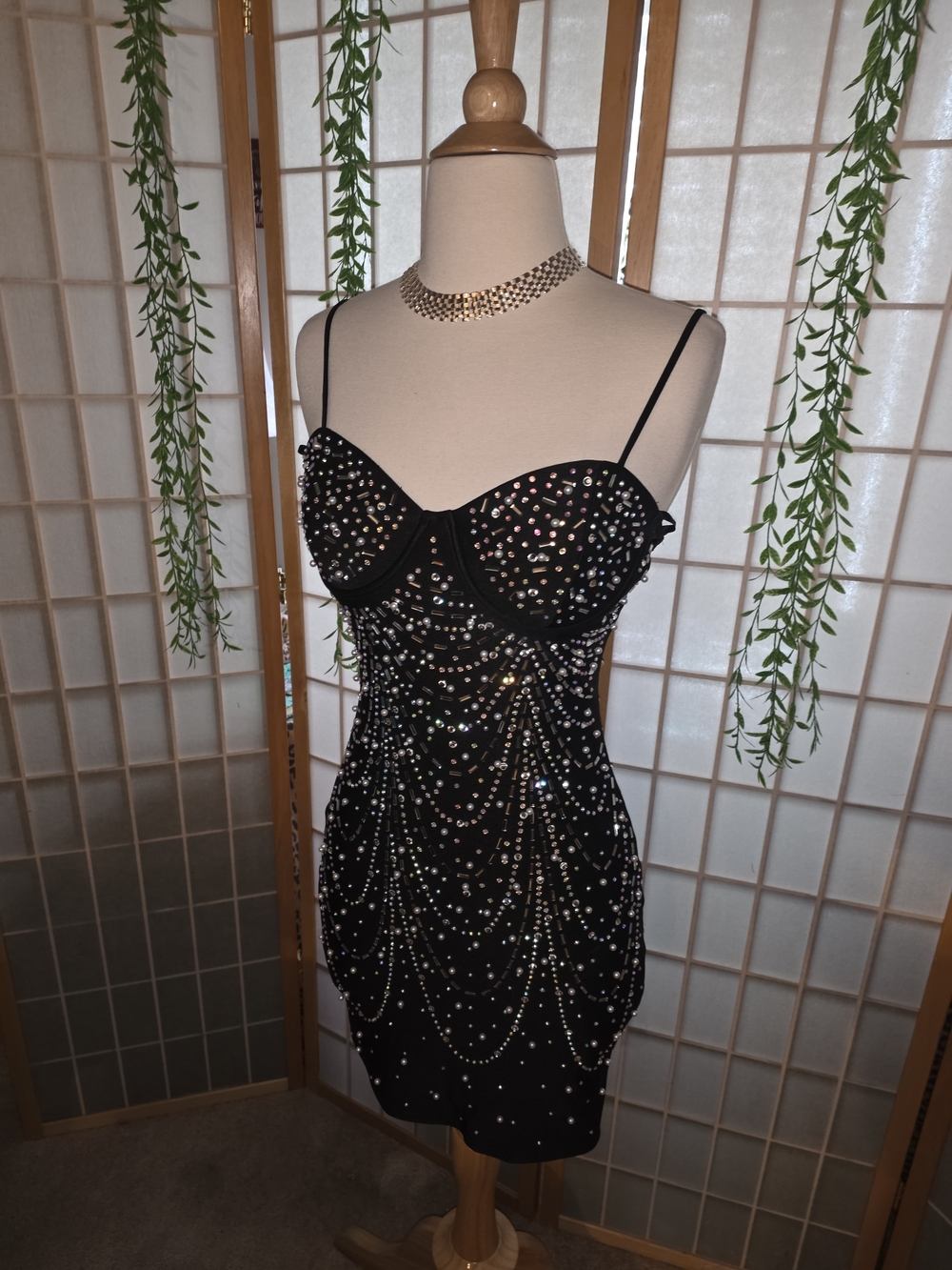 Windsor Black Rhinestone-Embellished Bodycon Mini Dress